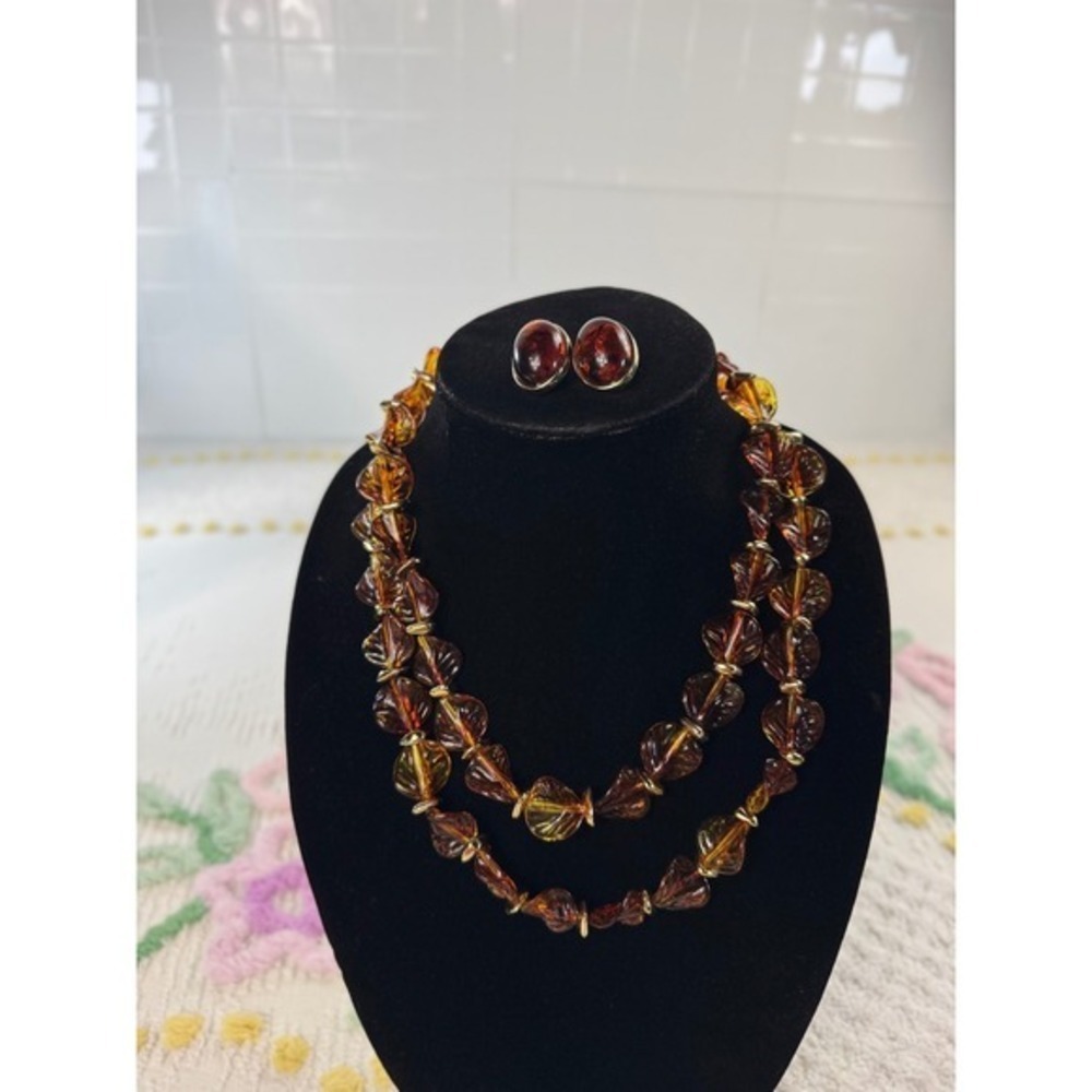 Vintage Amber Tone Leaf Bead‎ Double Strand Necklace and Clip On Earring Set